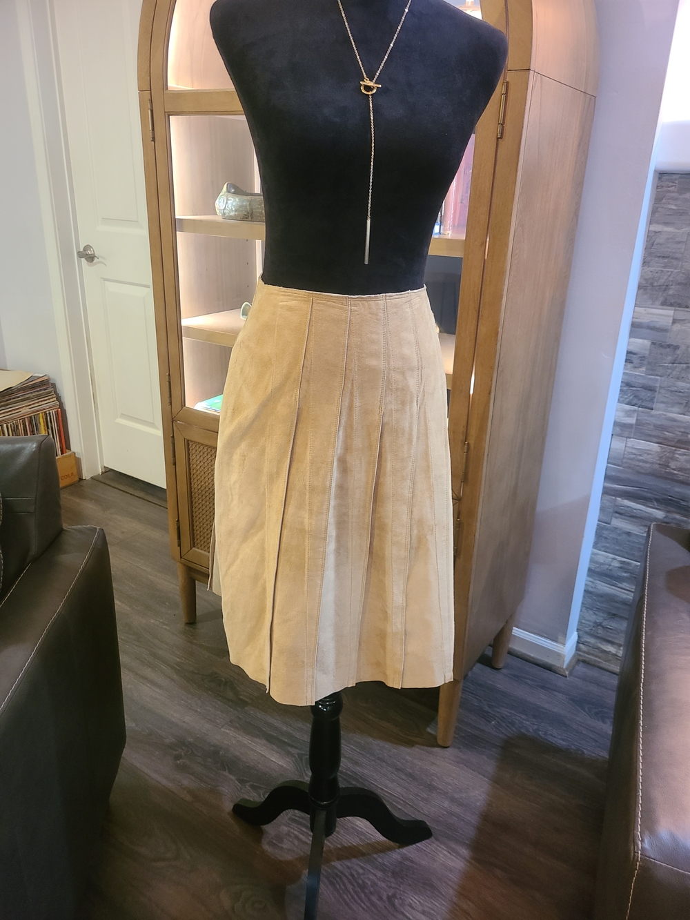 Neutral Beige Leather Suede A-Line Pleated Midi Skirt